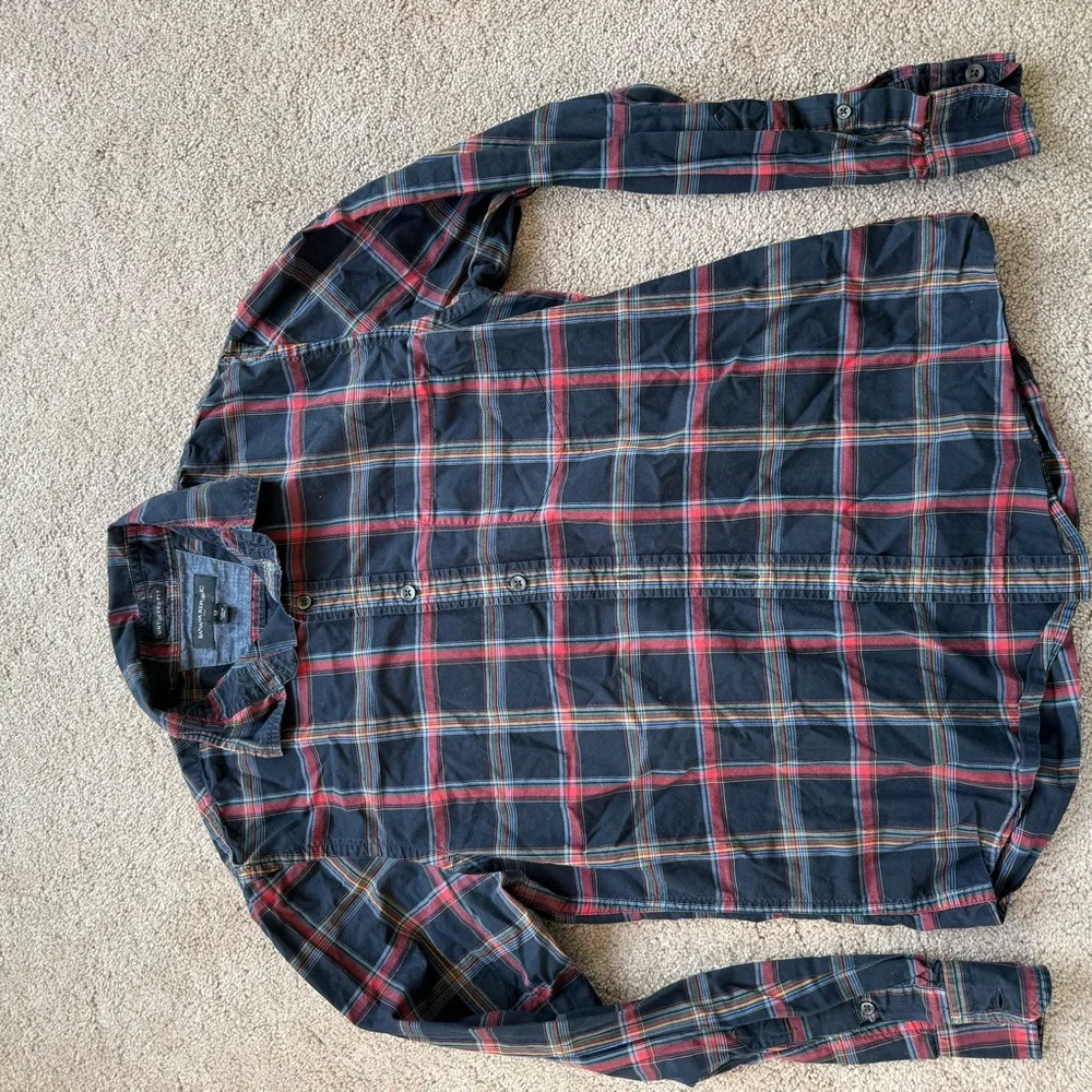 Banana Republic Navy Plaid Button-Up Shirt with Red and Green Stripes Size M